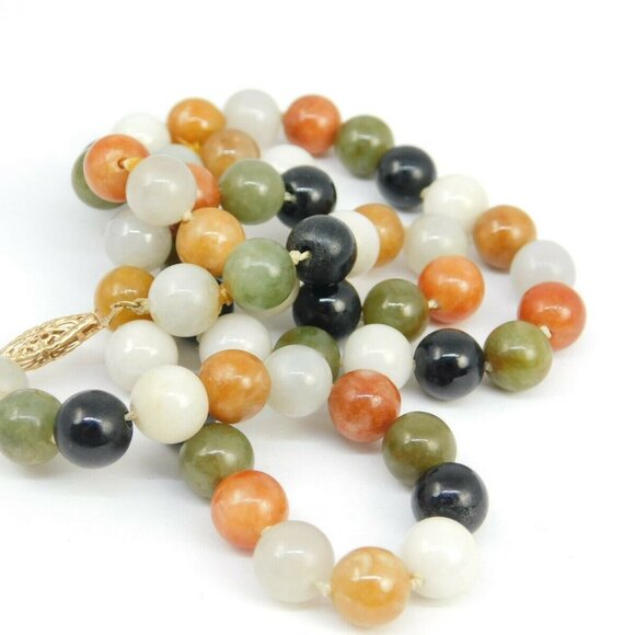 ESTATE 14K YELLOW GOLD 8MM MULTICOLORED JADE BEAD NECKLACE 50.9 GRAMS 20" LONG - Picture 3 of 8